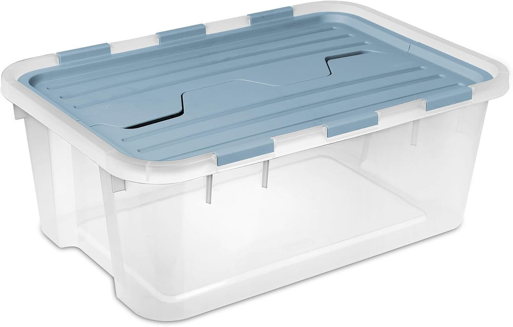 Sterilite 18 Pack Hinged Lid Storage Box, 40 Qt Plastic Container, Washed Blu...