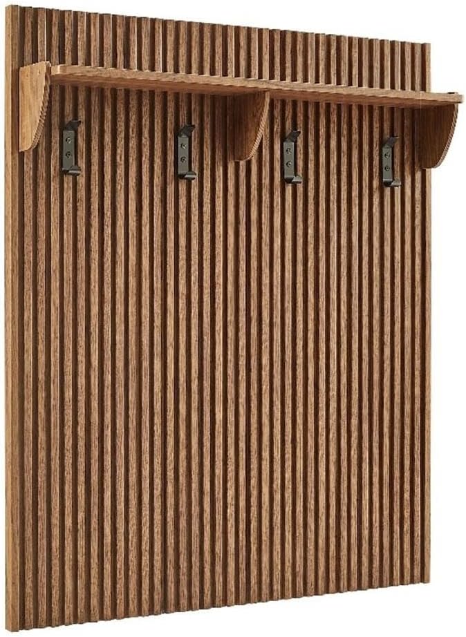 Modway Render Modern Fluted Wood Coat Rack Panel in Walnut with Shelf and Hoo...