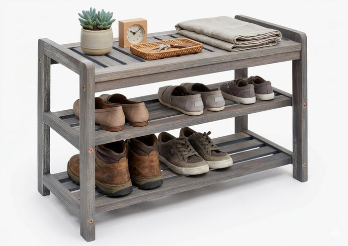 27-Inch 3-Tier Wooden Entryway Shoe Bench - Brush Grey