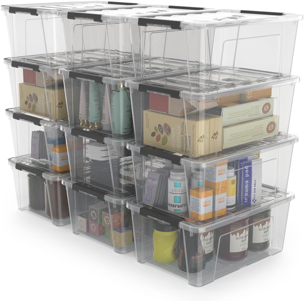 WYT 12 Pack Small 5-Quart Clear Plastic Storage Bins with Lids and Latch Buck...