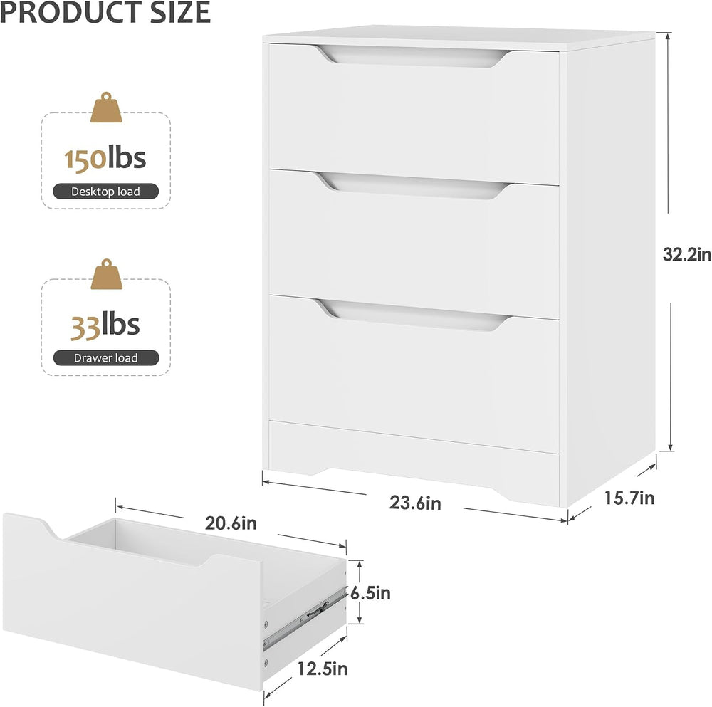 HOSTACK Modern 3 Drawers Dresser, Wood Chest of Drawers with Storage, White