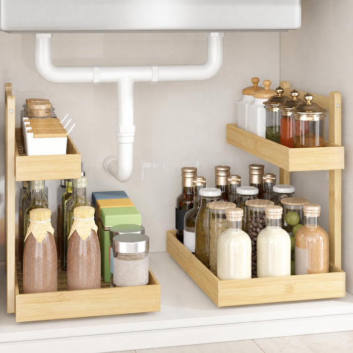 Bamboo Under Sink Organizer 2 Pack, 2-Tier Pull Out Cabinet Organizer
