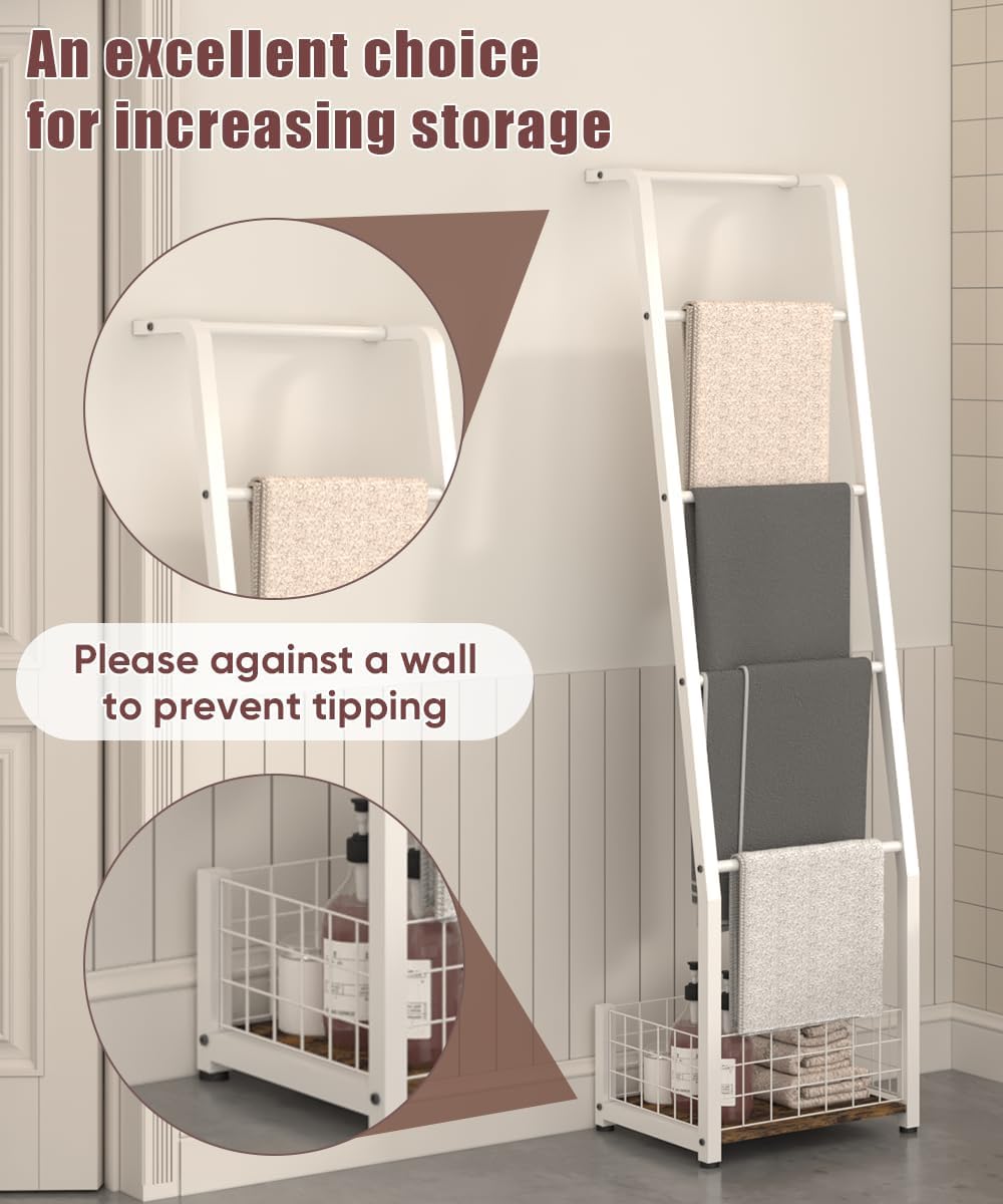 6.3ft Blanket Ladder with Storage Basket, 5 Tier Decorative Ladder Shelf Stan...