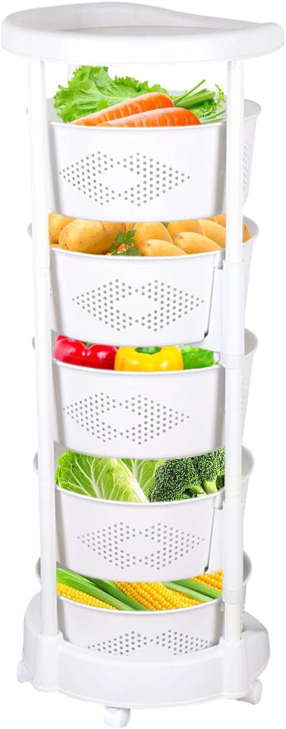 Rotating Storage Rack, 5-Tier Rotating Fruit Basket Racks For Kitchen, Movable Vegetable Storage Shelf Cart With Wheels, Floor Standing 360° Rotation Organizer For Potato & Onion, White