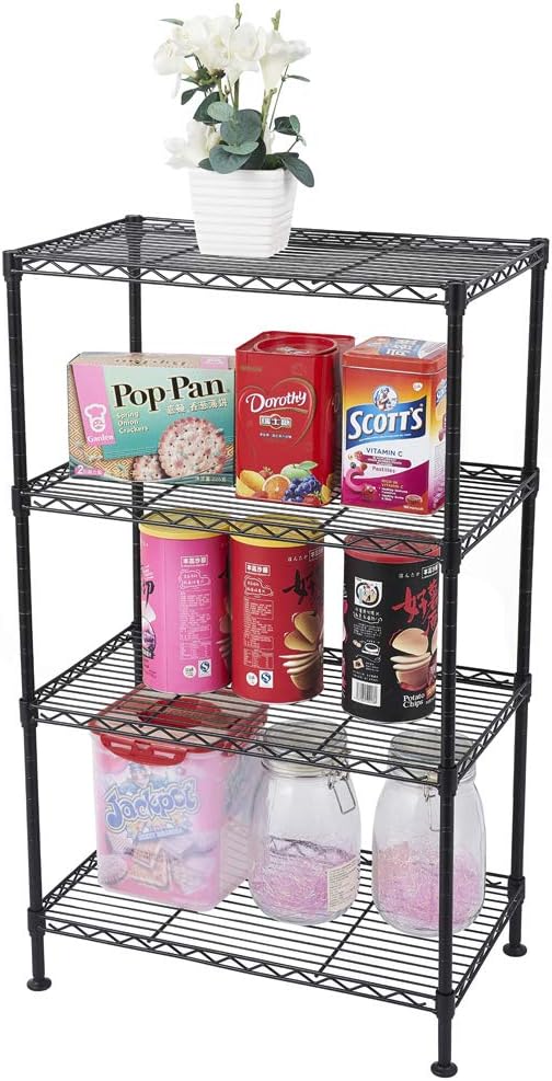 Metal Storage Shelf, Garage Storage Organization Wire Rack, Adjustable 4 Tier Wire Shelf, Modern Style, Space Saving Design for Home Office, Living Room, Bedroom, 20" W x 12" D x 32" H, Black