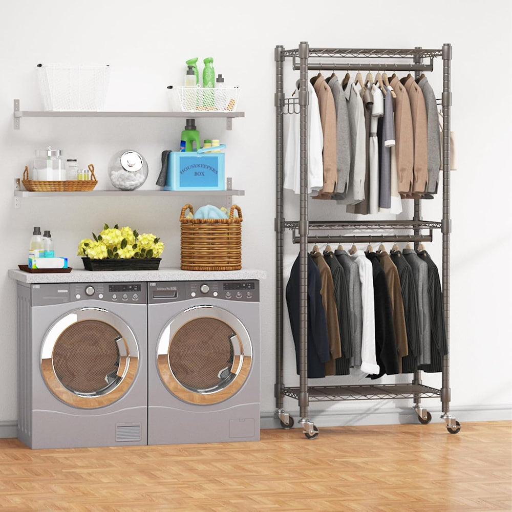 BATHWA Clothes Rack Rolling Narrow 2 tier Garment Rack for Hanging Clothes， S...