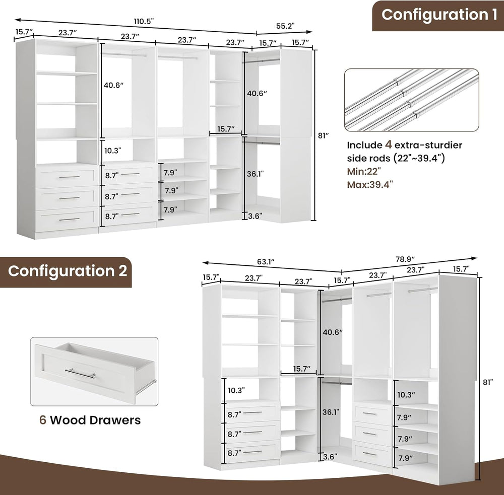 Closet System with 6 Drawers, Corner Closet System with 15 Shelves & 8 Ha...