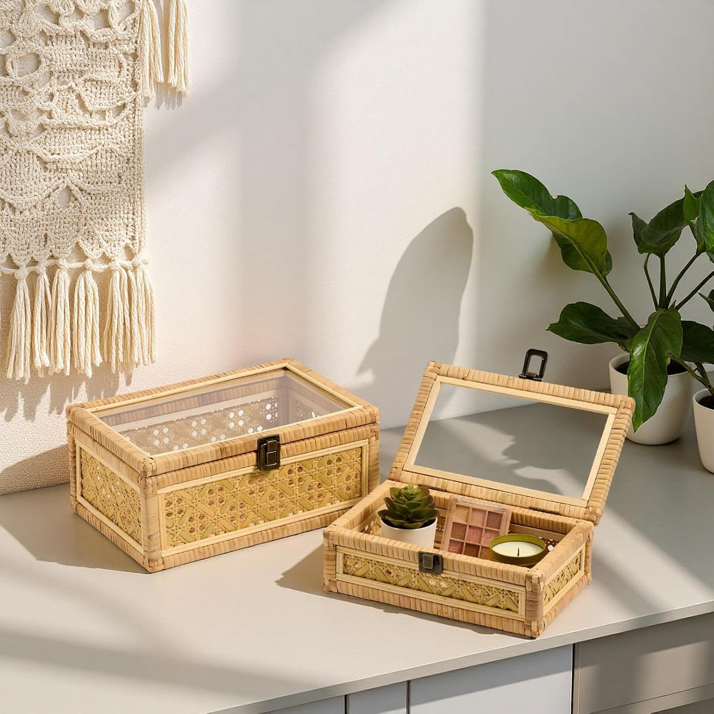 2PCS Decorative Rattan Boxes Handmade Natural Wicker Boho Baskets