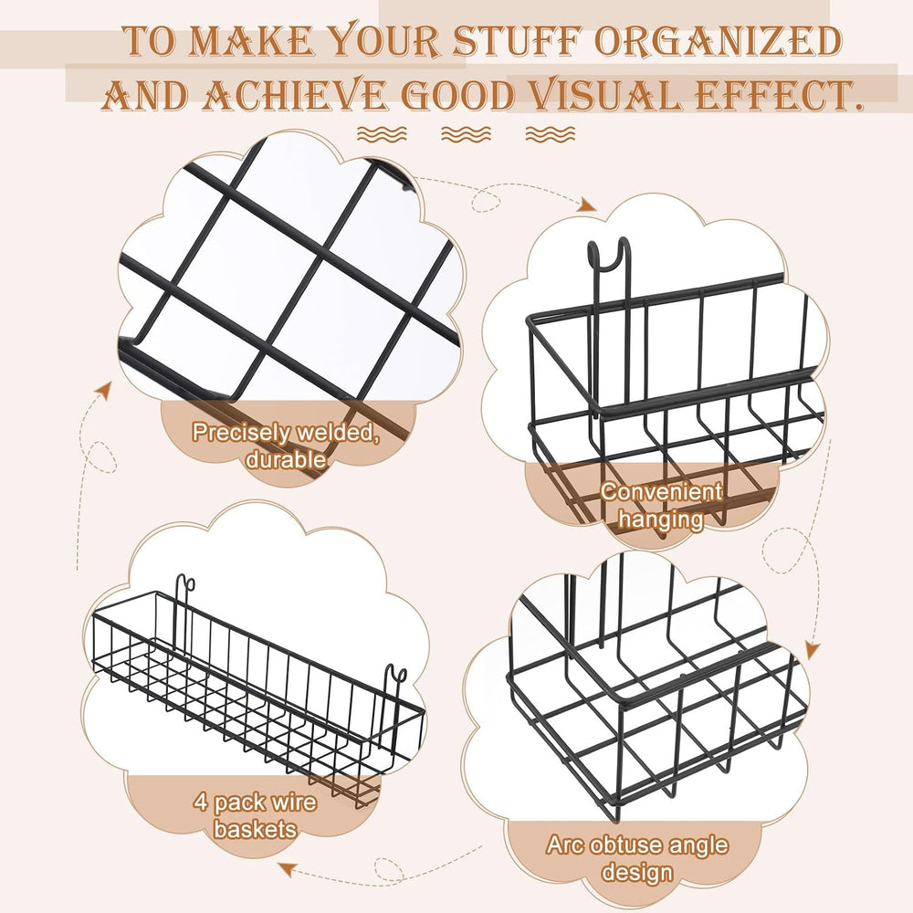 Black 4 Pack Grid Wall Hanging Baskets with 16 S Hooks, 15.8 x 3.9 x 3.2 Inch...