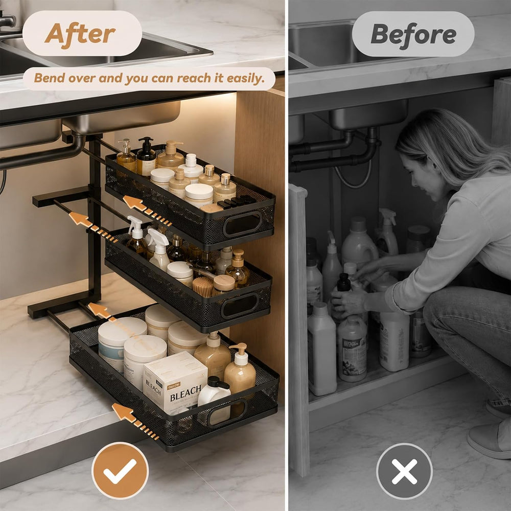 3-Tier Under Sink Organizer 2-Pack Organization for Bathroom Kitchen,Black