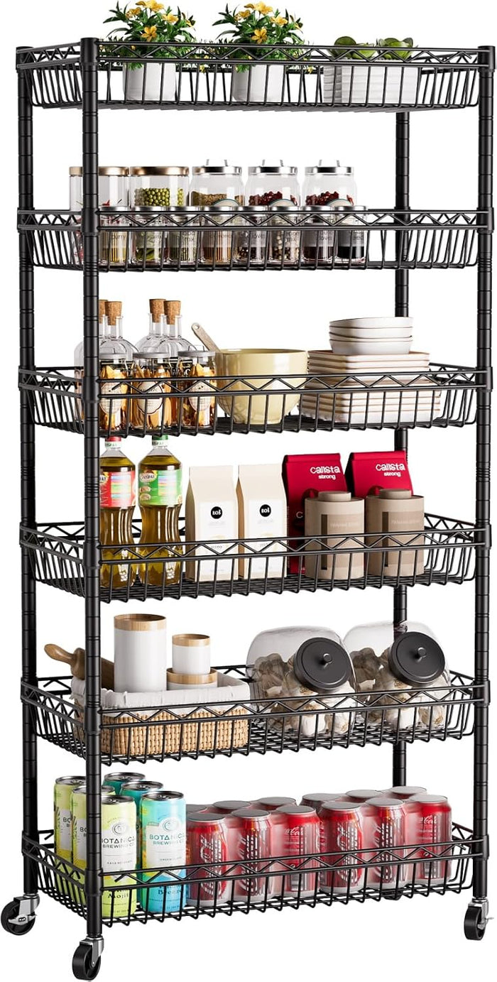 Golpart Basket Shelves Closet Rack with Wheels Metal Pantry Wire Shelf Unit