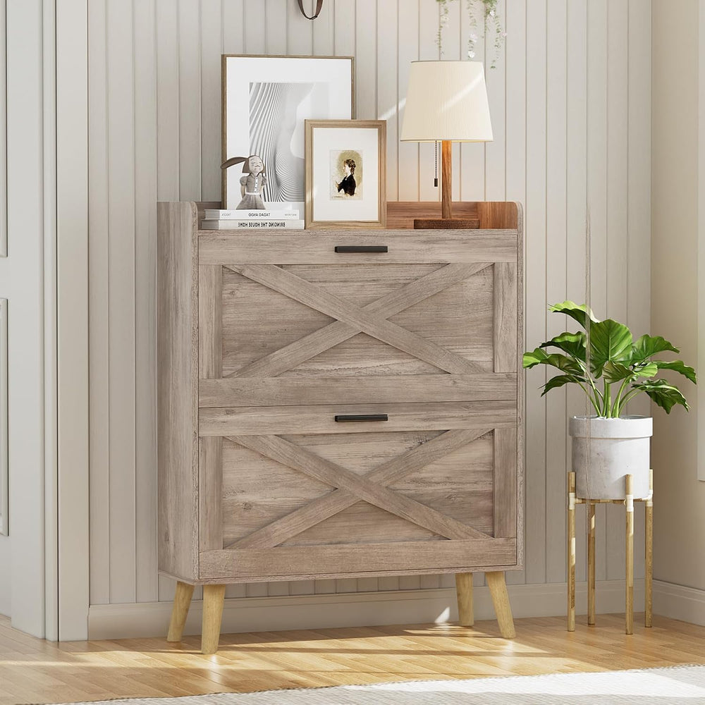 Homleke Farmhouse Shoe Storage Cabinet with Flip Drawers & Barn Door Design
