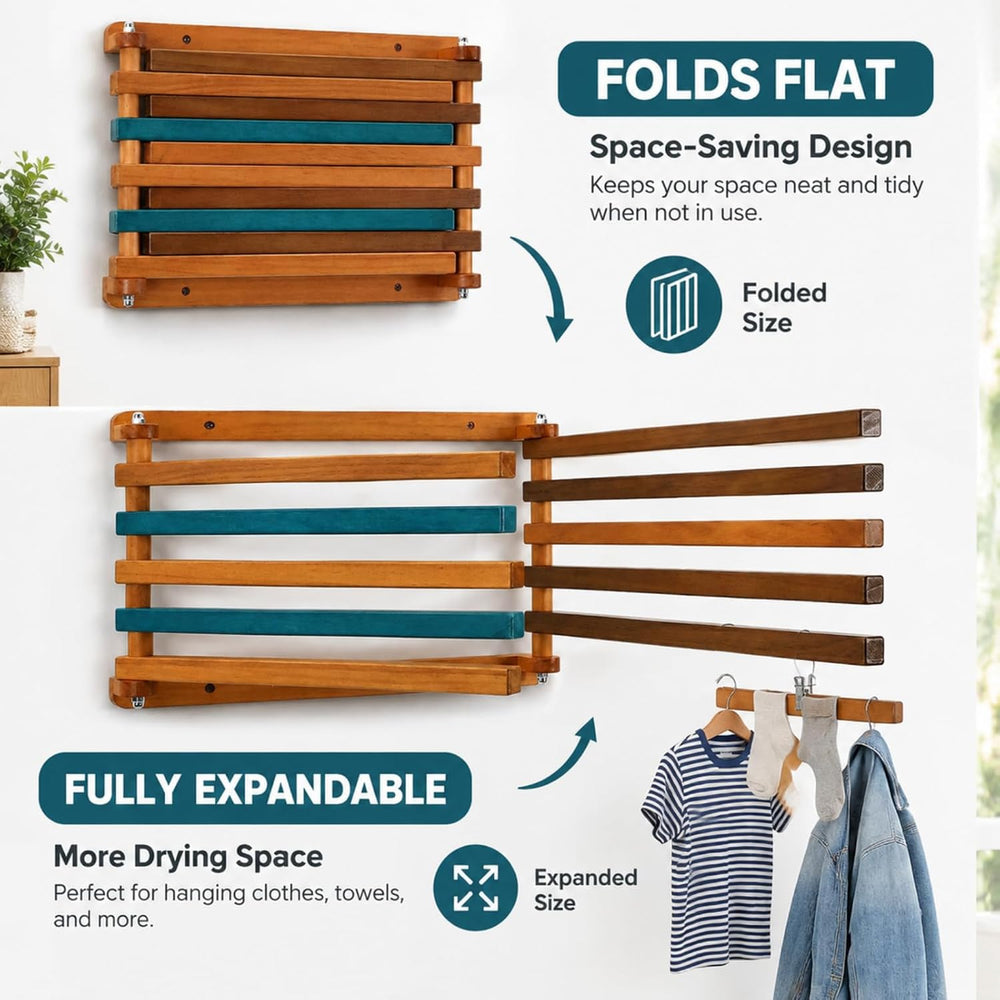 Novabright 1 Pcs Wood Foldable Wall Mounted Drying Rack, Colorful