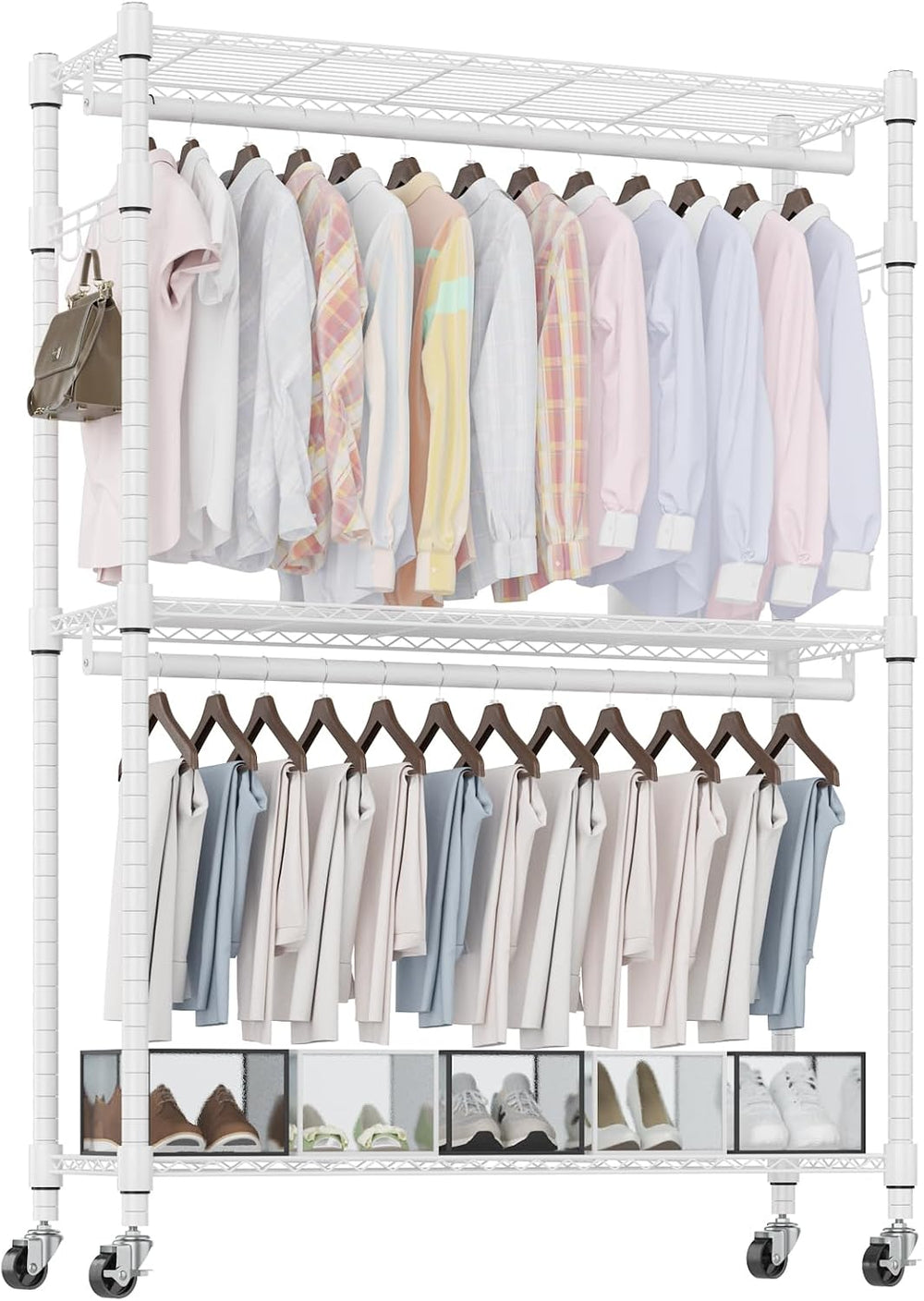 Homdox 3 Tier Heavy Duty Garment Rack with Wheels, Adjustable Wire Clothes Ra...