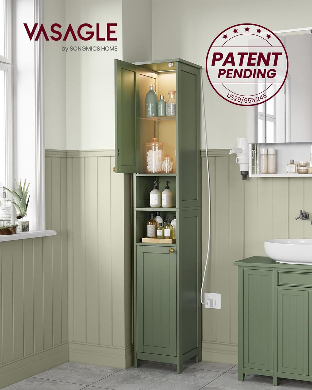 VASAGLE Tall Storage Cabinet with Lights, Slim, 11.8" W, Forest Green