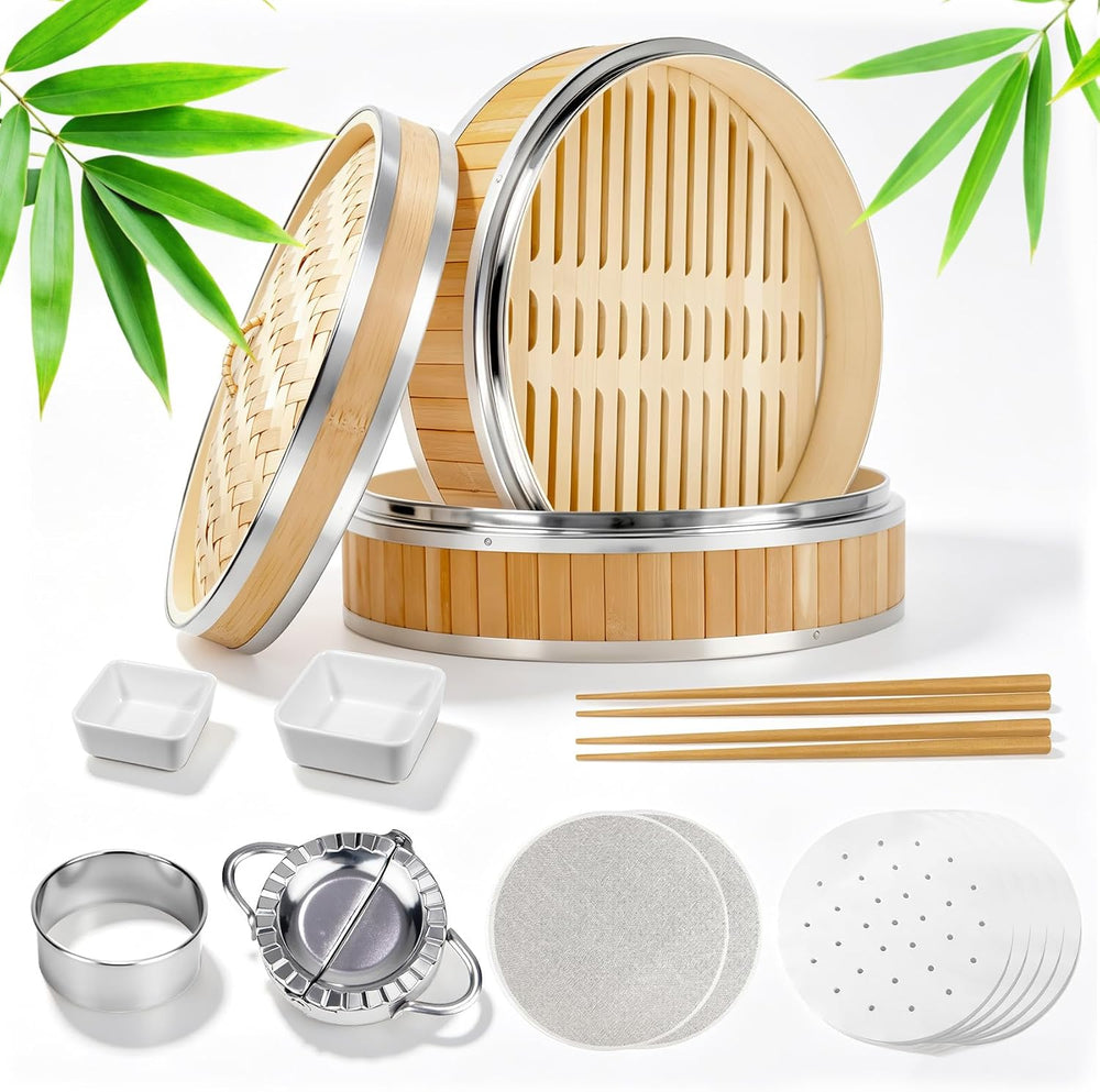 Bamboo Steamer Basket 12 Inch 2 Tier, Stainless Steel Reinforced Steamer