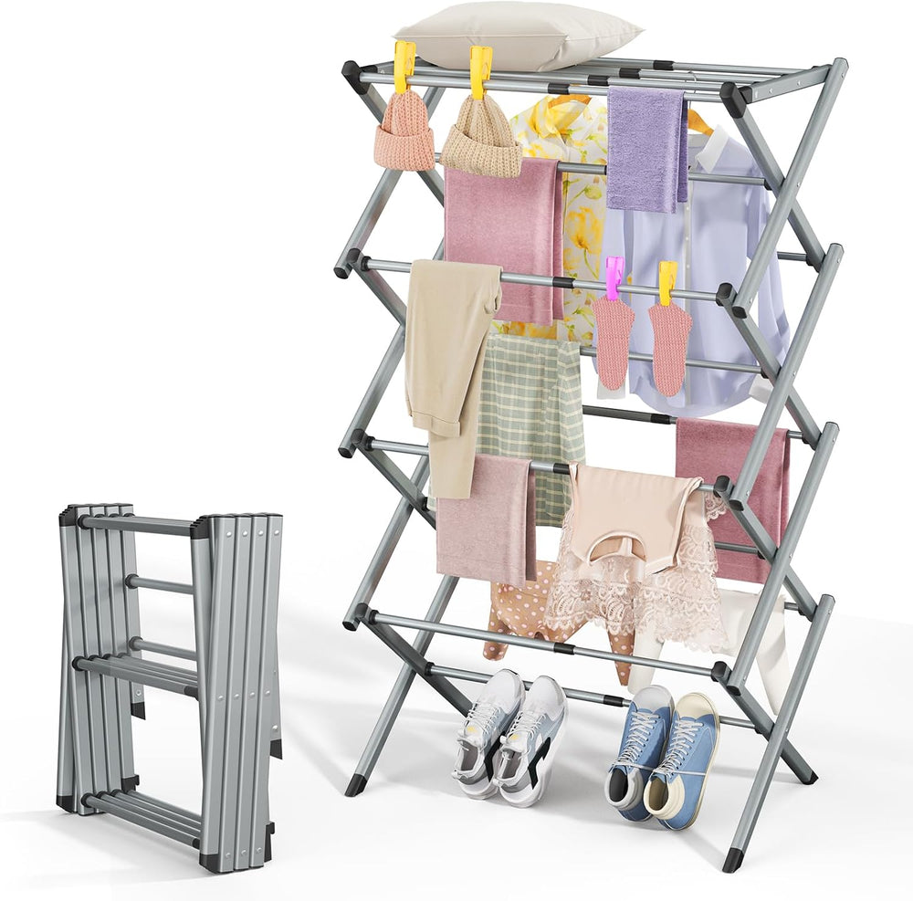 4-Tier Foldable Clothes Drying Rack, Heavy Duty Stainless Steel Laundry Dryin...
