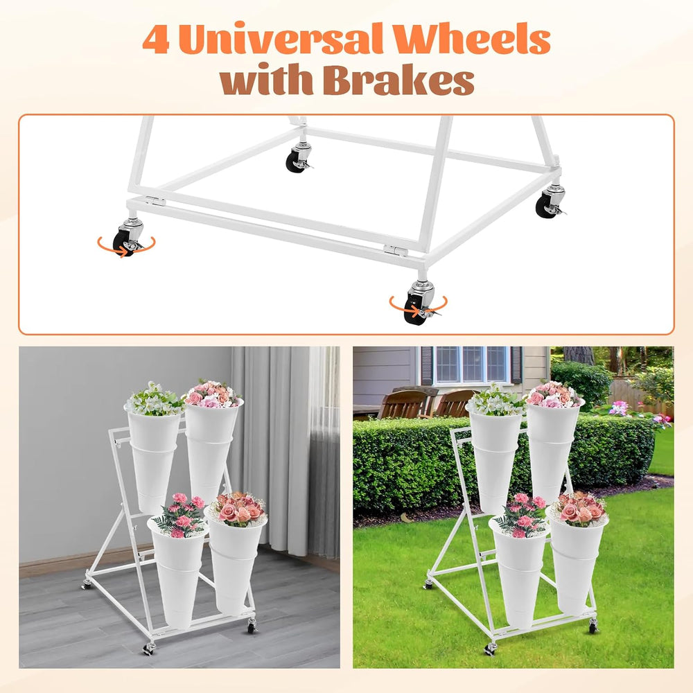 Flower Display Stand with 4 Buckets, 2-Tiers Metal Mobile Florist Bouquet Sta...