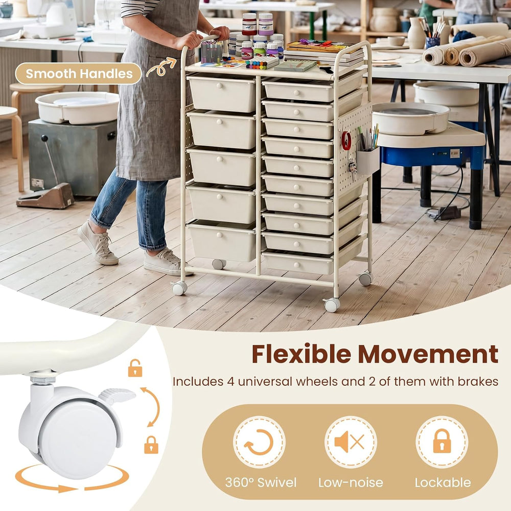 Giantex 15 Drawer Storage Cart, Rolling Craft Cart with Metal Tabletop & ...