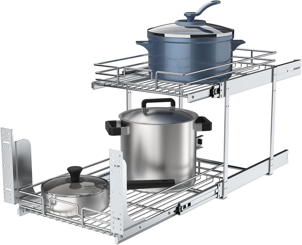 2 Tier Pull Out Cabinet Organizer, 17" W x 21" D Heavy-Duty Metal S...