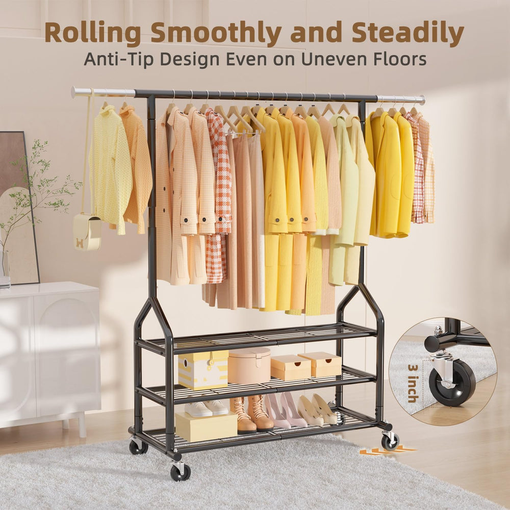 EAGMAK Heavy Duty Clothes Rack Load 556 LBS, Rolling Clothing Rack With 3 She...