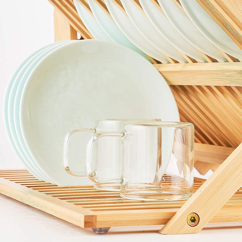 Bamboo Dish Drying Rack, 3 Tier Collapsible Wooden Dish Drainer Rack with Ute...