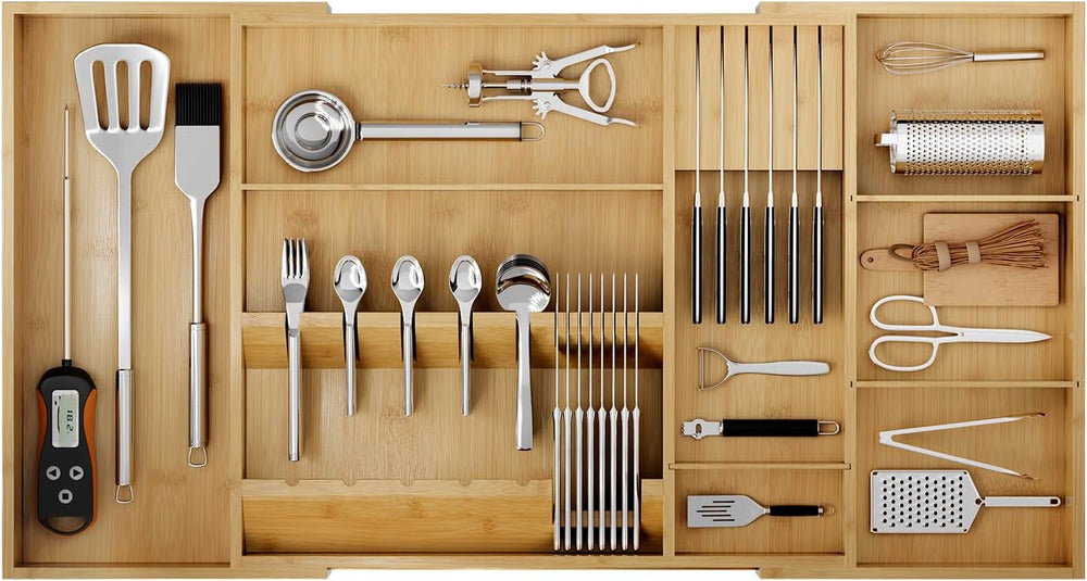 Bamboo Silverware Drawer Organizer, 17.72-29.53 Inch Expandable Large Kitchen...