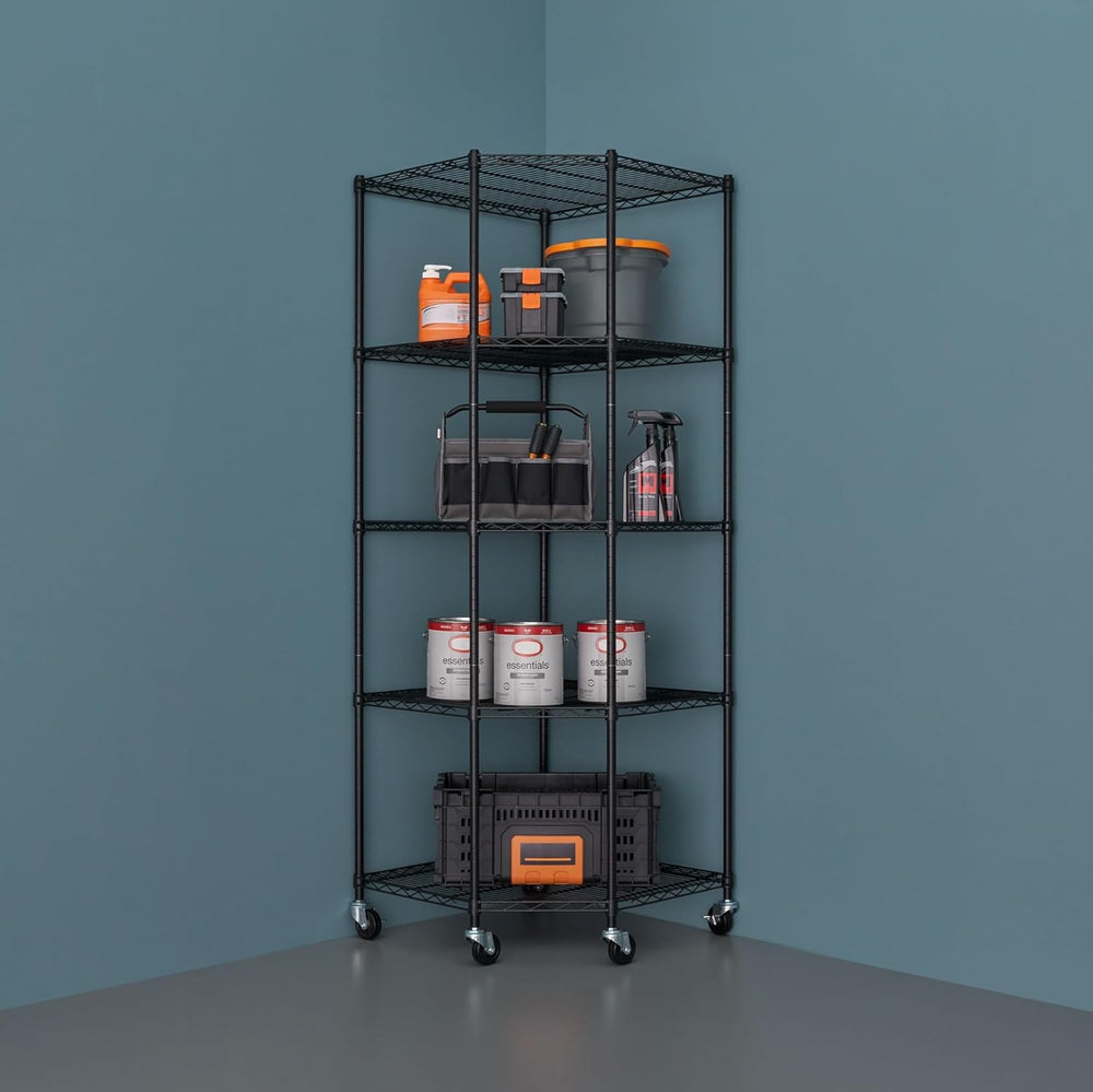 5-Tier Adjustable Wire Shelving with Wheels, Corner Wire Shelf Rack for Kitch...