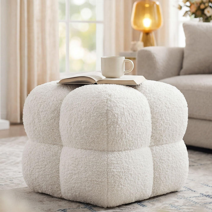 21" W Pouf Ottoman Foot Rest, Large Square Foot Stool for Couch, Upholstered Boho Ottoman with Teddy Fabric for Vanity Room Entryway Bedroom White