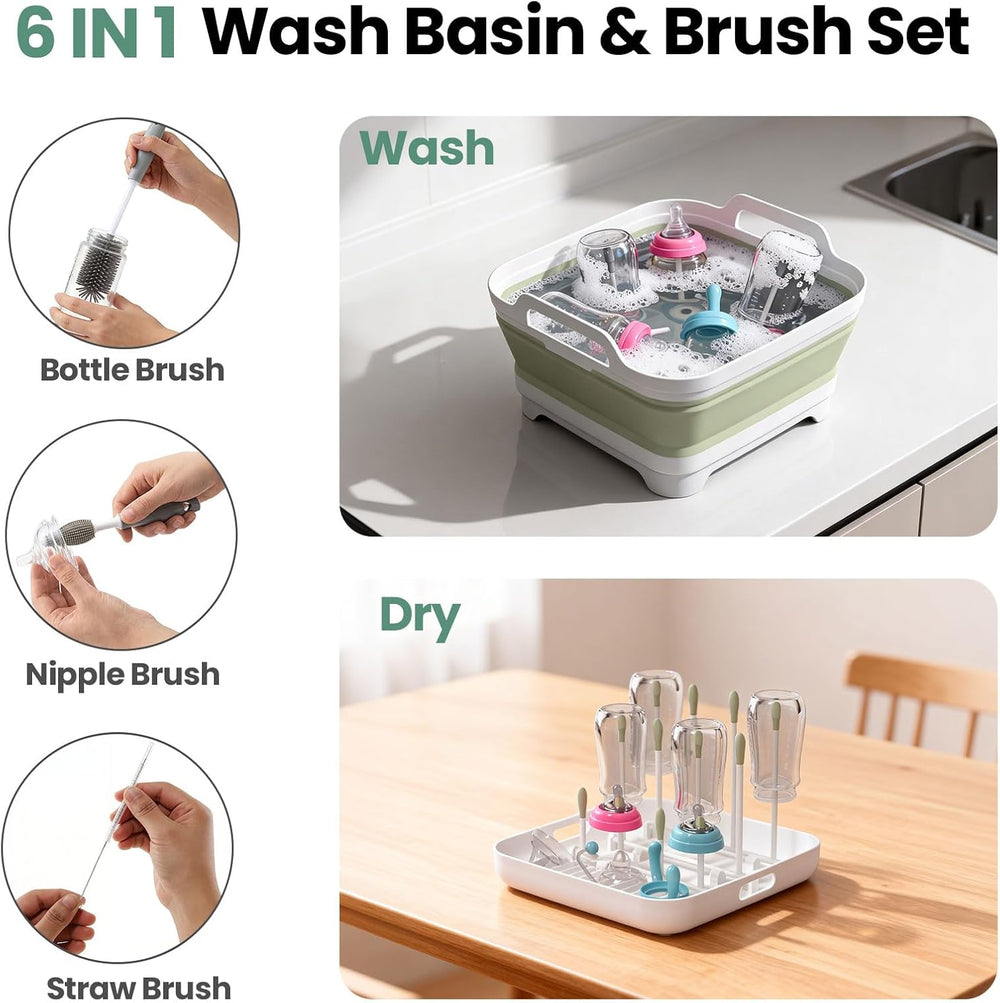 Collapsible Wash Basin with Drain Plug & Lid, Foldable Sink, Green