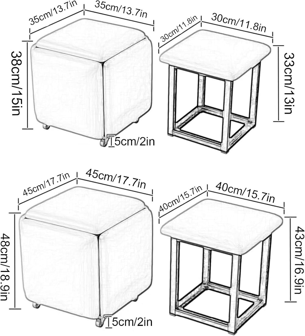 5 in 1 Nesting Ottoman Cube Chair, Movable Stackable Stools with Wheels, Squa...