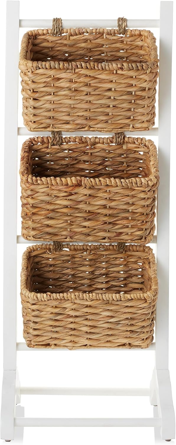 Casafield 3-Tier Floor Stand with Water Hyacinth Storage Baskets, White/Natur...