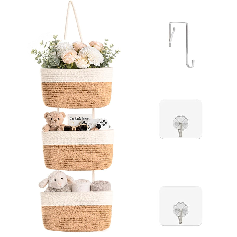 ICERZCZ Hanging Baskets for Organizing 3-Tier Wall Basket Khaki & Off White