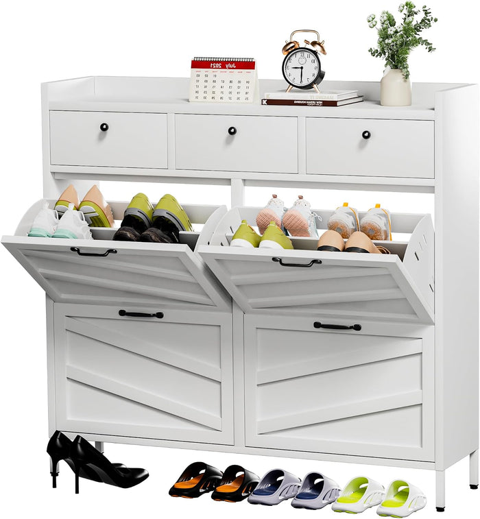 IKIMI White Metal Shoe Storage Cabinet with 4 Flip Drawers & 3 Top Drawers