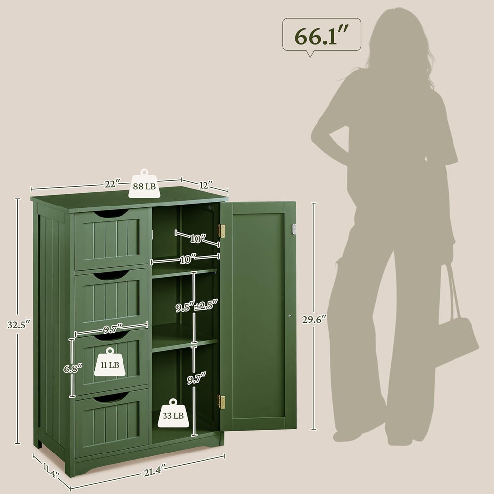Yaheetech Small Bathroom Storage Cabinet with 4 Drawers & Door, Green