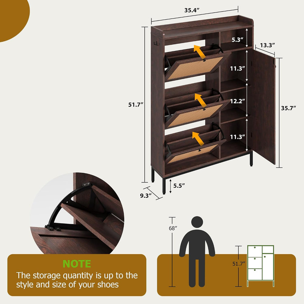 GarveeHome Shoe Cabinet Rattan with 3 Flip Drawers