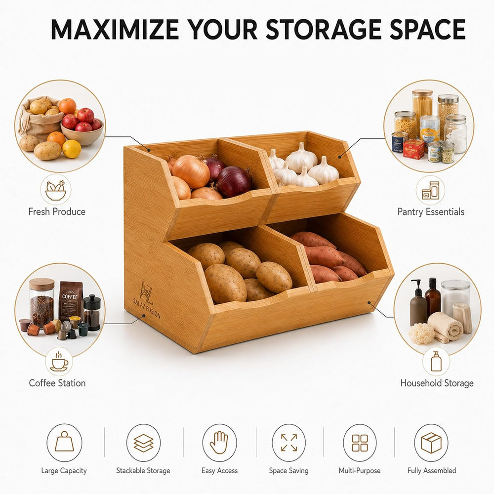 Bamboo Pantry Storage Bins - Set of 4 (2 Large, 2 Small) Stackable Potato and...