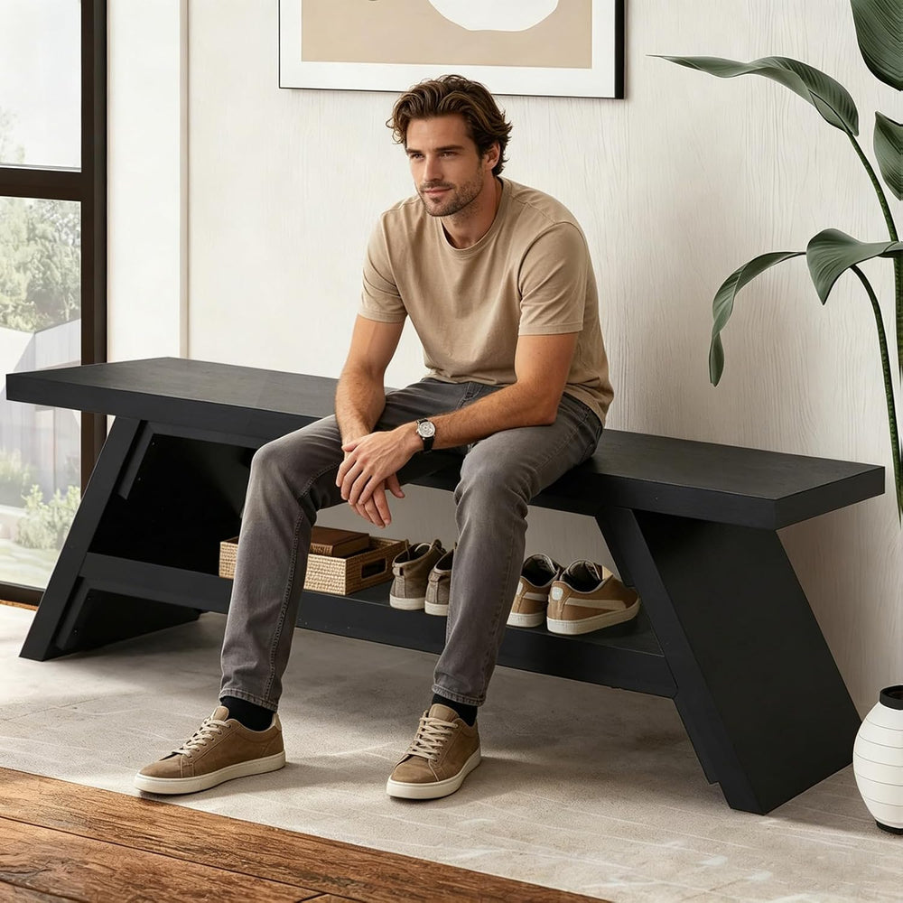 2-Tier Shoe Storage Bench, 55" Large Solid Wood Entryway Stool Storage