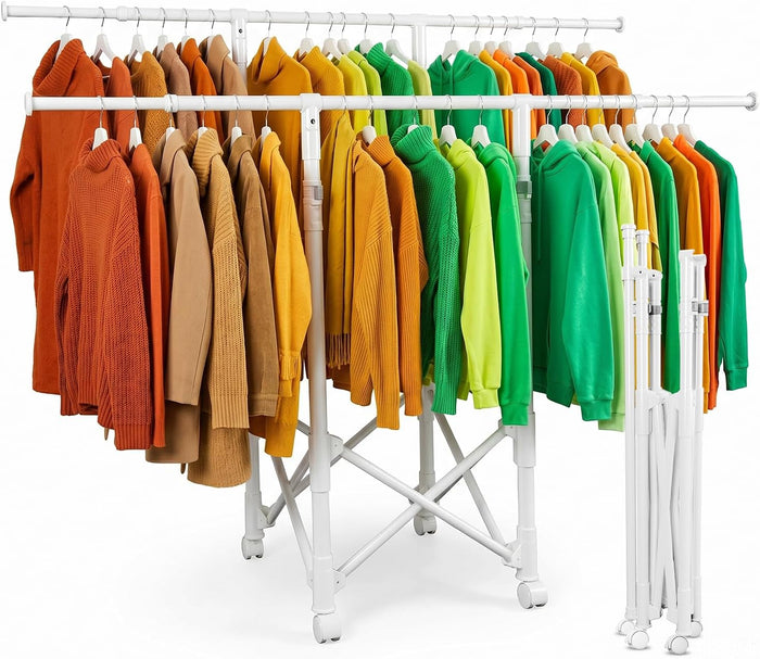 Clothes Rack, Rolling Clothes Drying Rack for Hanging Clothes Portable Foldable Laundry Rack for Air Drying Clothing Double Rods, Metal Garment Racks 21.7"*56.7"*60.6", White