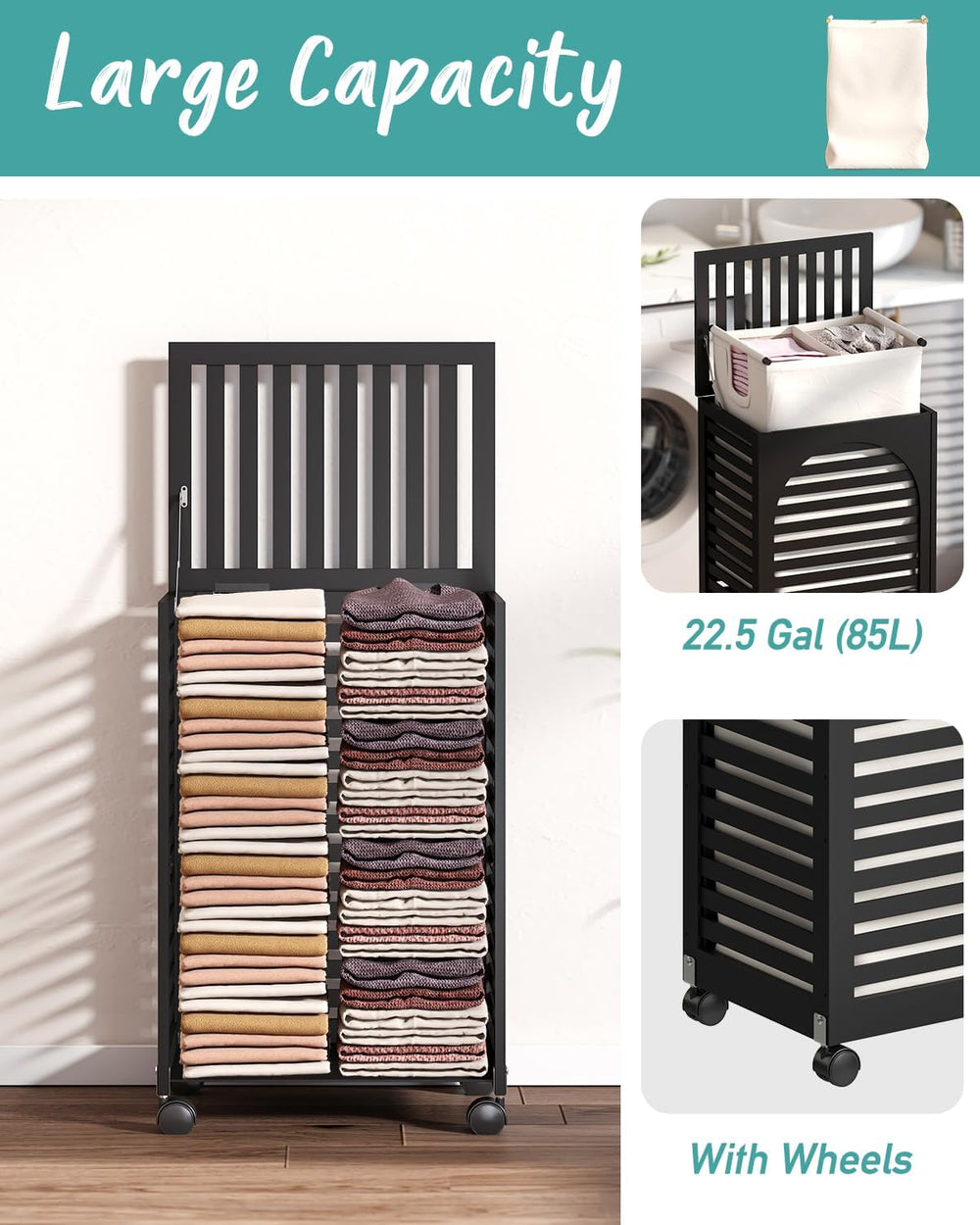 Black Laundry Hamper with Wheels, Laundry Basket with Lid, 22.5 Gallon (85L) ...