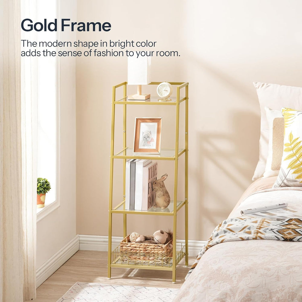 HOOBRO Gold Glass Shelf Stand, 4 Tier Standing Shelf Unit, Bathroom Organizer...