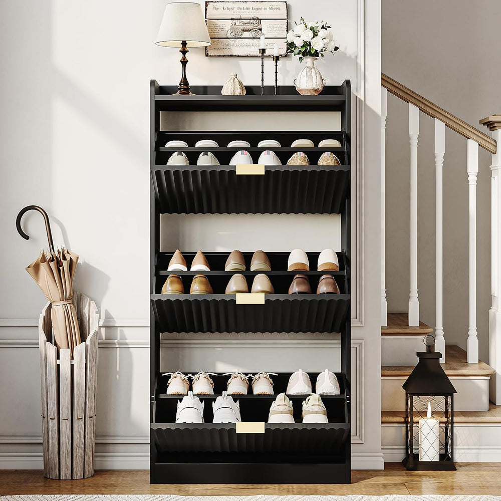 Black Fluted Slim Shoe Cabinet Storage with 3 Flip Drawers for Entryway