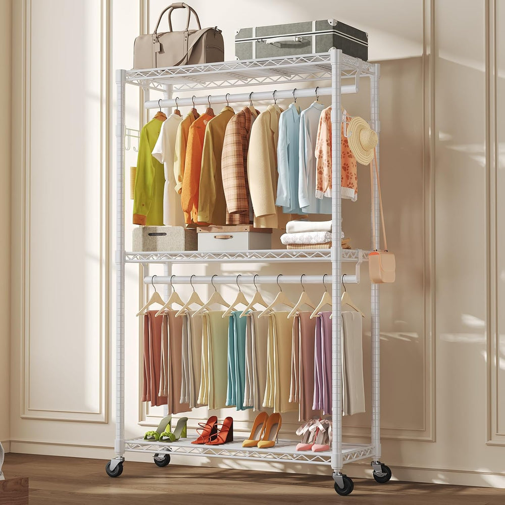 OLIXIS Rolling Clothes Rack, Heavy Duty Garment Rack, 35 IN, Metal White