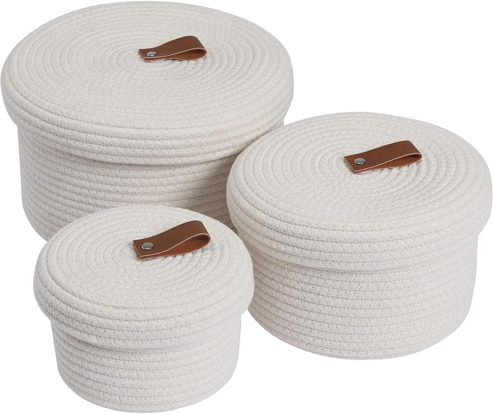 Set of 3 Small Woven Baskets with Lids, Cotton Rope Round Nesting Storage Bas...