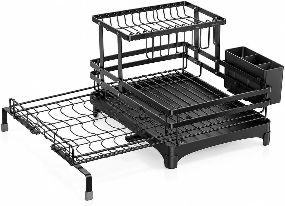 2-Tier Expandable Dish Drying Rack for Kitchen Counter and Over Sink, Black