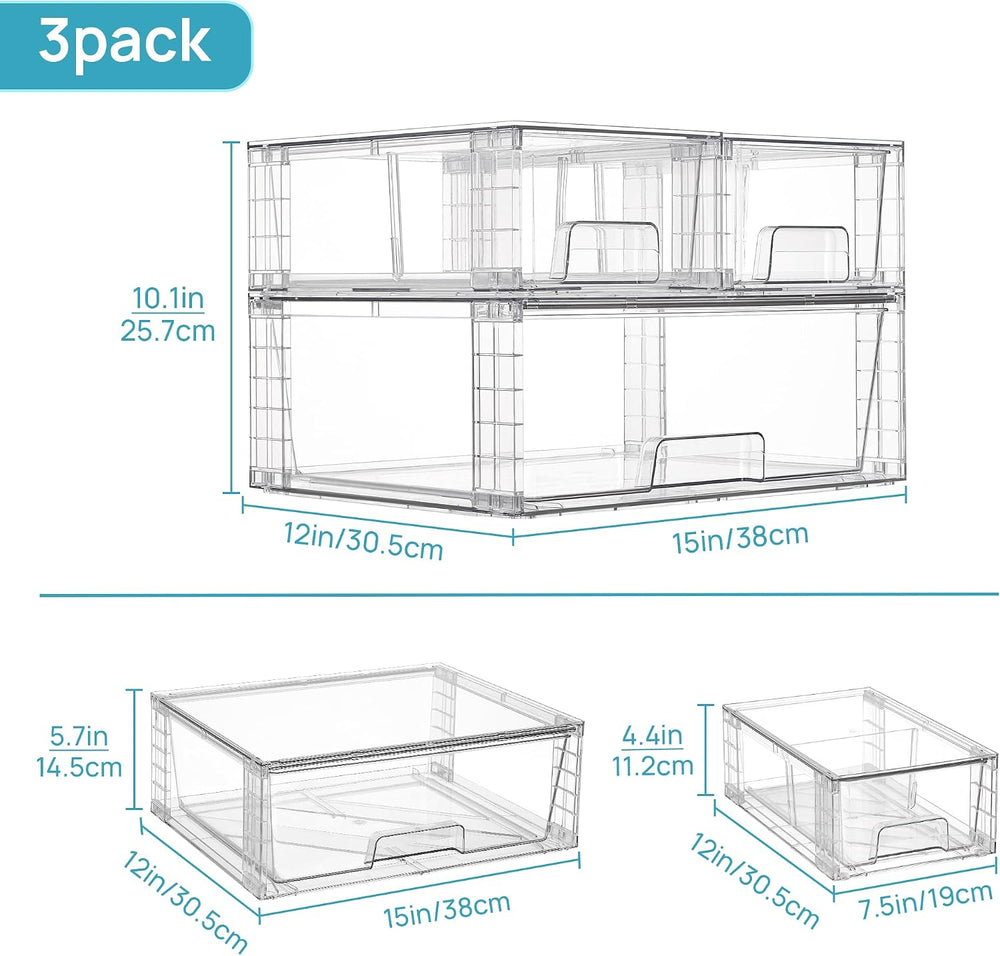 Vtopmart Clear Stackable Storage Drawers, 3 Pack Wide Organizer Set