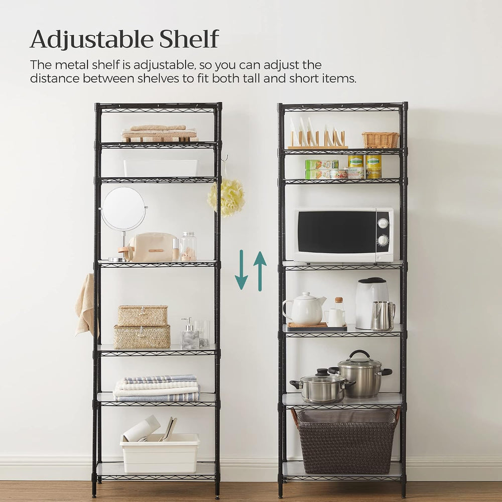 SONGMICS 7-Tier Storage Shelves, Adjustable Wire Shelving Unit, 8 Hooks