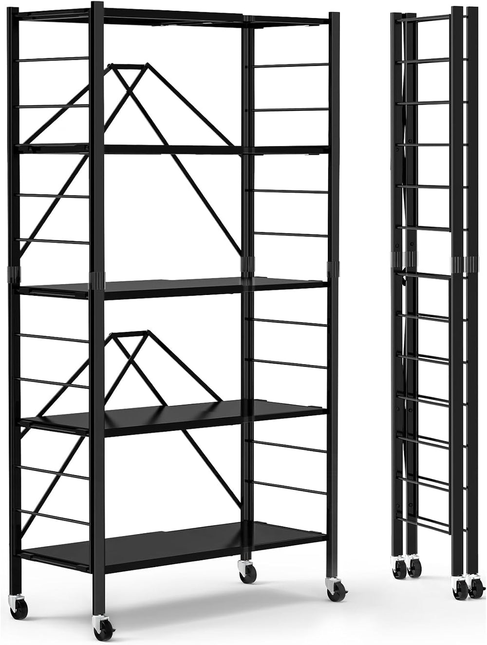 Himix 5-Tier Foldable Expandable Storage Shelves Wheels Kitchen 2-in-1 Rack
