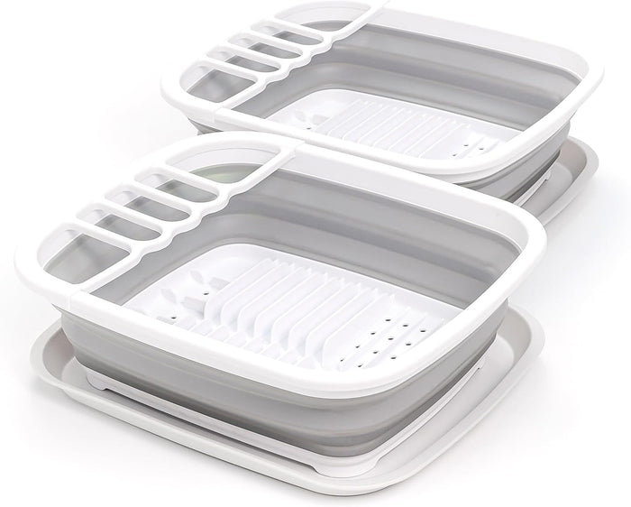 SAMMART 8L (2.11Gallons) Collapsible Plstic Dish Drainer with Drainer Board - Foldable Drying Rack Set - Space Saving Kitchen Storage Tray (White/Grey(Set of 2), 2)