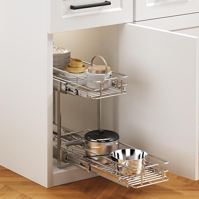 2 Tier Individual Pull Out Cabinet Organizer 7½" W x 21½" D, Heavy Duty Cabinet
